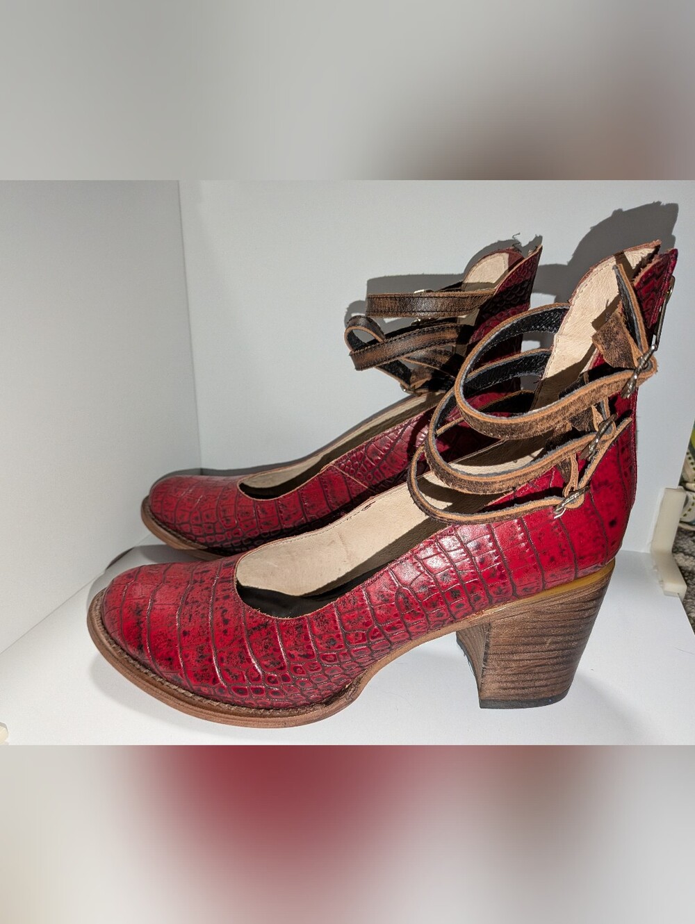 NWOT Freebird Randi Women's Size 12 Red Croc-Embossed Ankle-Strap Heels